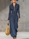 Women's Trendy Autumn Zipper Stand Collar Top & Pockets Wide Leg Pants Outfit
