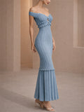 Women's French Style Keyhole Off Shoulder Knit Ruffle Mermaid Maxi Dress