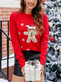 Women's Cute Sequins Patchwork Christmas Pattern Pullover Round Neck Sweaters