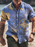 Men's Vintage Nautical Compass Print Lapel Beach Shirt