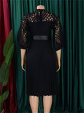 Women's Lace hollow Pleated Midi Dress With Belt