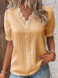 Women's Lace V Neck Puff Short Sleeve Macaroon Color Dream Blouses