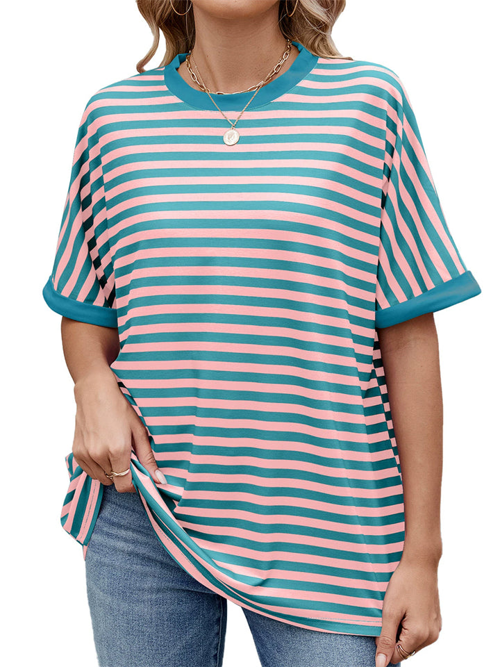 Women's Casual Contrast Color Striped Round Neck Short Sleeve T-Shirts