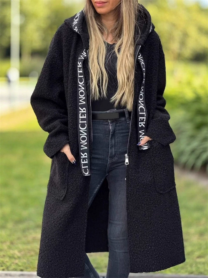 Women's Fleece Letters Patchwork Hooded Coat with Pockets