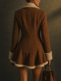 Womens Slim Fit Brown Suede Faux Shearling Peplum Mini Coats