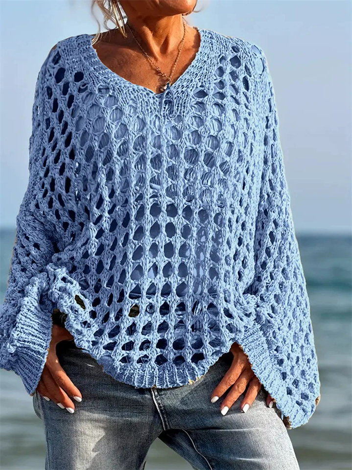 Plus Size Women's Loose Casual Solid Color Hollow Long-sleeved Sweaters