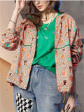 Autumn Floral Print Colorblock Hooded Jacket for Women