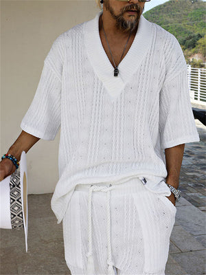 Men's Cozy Solid Color Knitting Shirt & Shorts Set