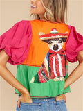 Women's Contrast Color Printed Patchwork V Neck Lantern Sleeve Blouses