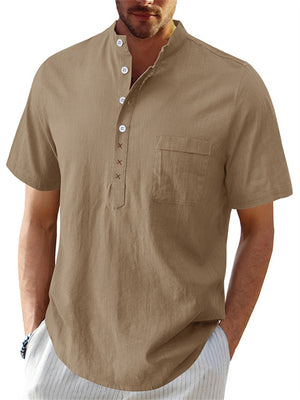 Men's Hawaiian Casual Stand Collar Short Sleeve Cotton Linen Shirt