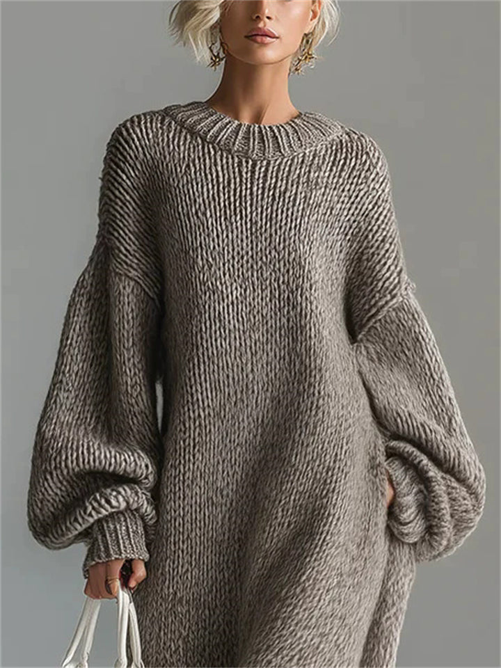 ‌Women's Round Neck Puff Sleeve Grunge Style Oversized Knit Sweater Dress