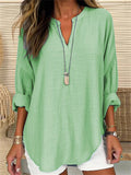 Women's Summer Vacation V Neck Linen Long Sleeve Shirt