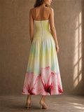 Women Strapless Smocked Hibiscus Print Tropical Maxi Dress