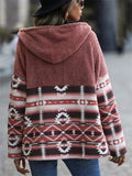 Women's Autumn Contrast Color Printed Patchwork Button Up Fleece Coats