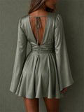 Women Sexy French Style Sage Green V Flare Sleeve Backless Mini Dress