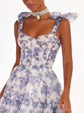 Blue Floral Print Organza Princess Dress