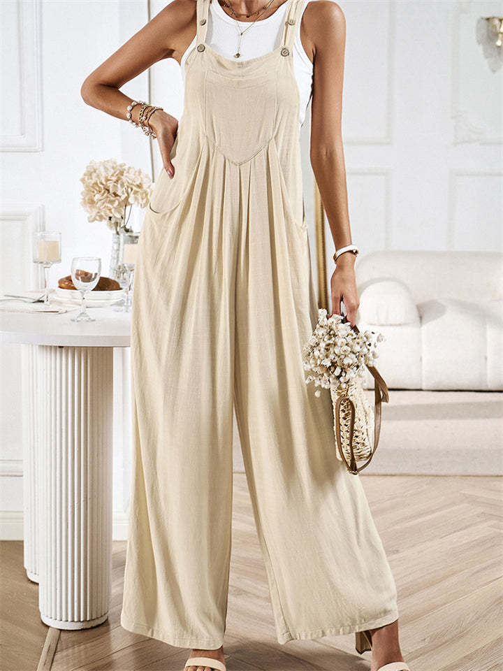 Female Summer Linen Cotton Strappy Wide Leg Jumpsuits