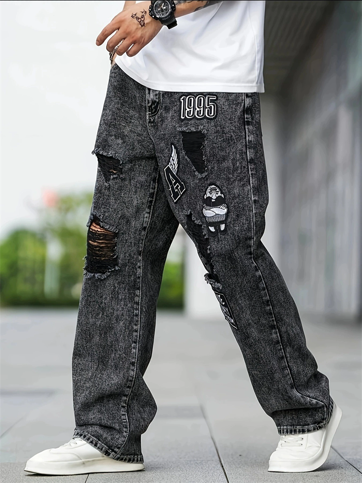 Men's Streetwear Loose Fit Distressed Baggy Ripped Jeans with Patches