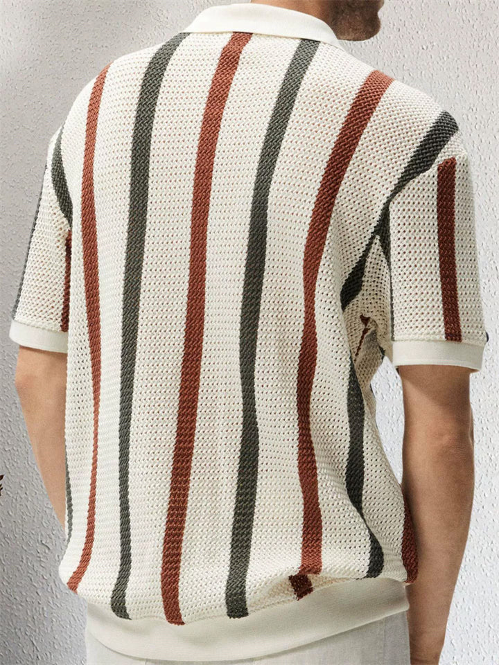Men's Summer Short-sleeved Contrast Color Striped Knitted Polo Shirts