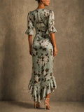 Women Elegant Floral Ruched V Neck High Low Ruffle Wedding Guest Dress