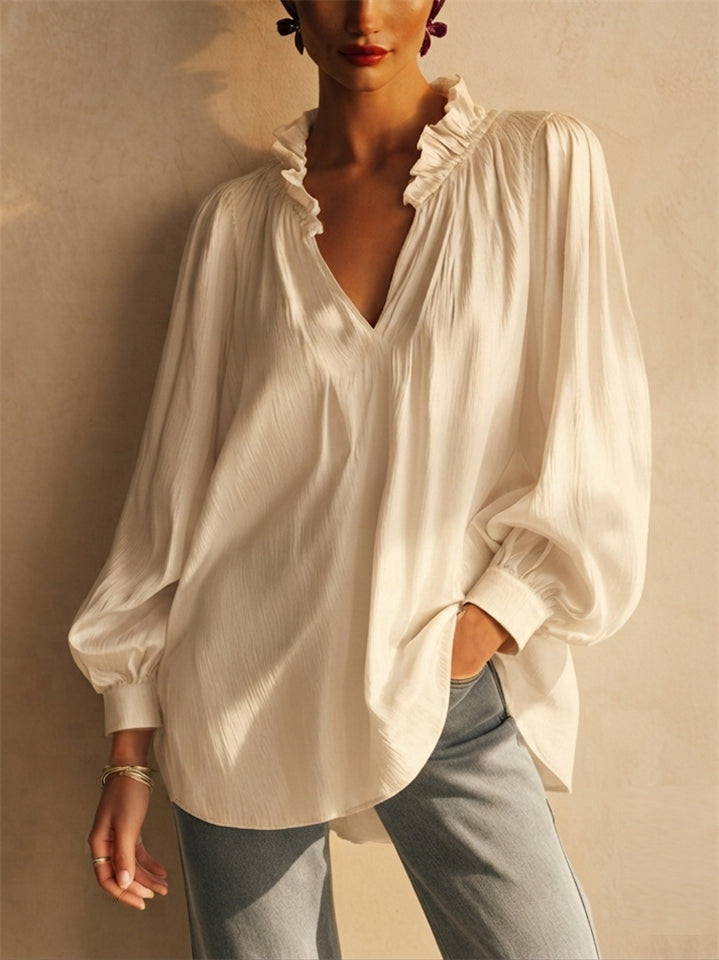 Womens Ruffle Neck V Neck Puff Long Sleeve Boho Blouse