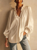 Womens Ruffle Neck V Neck Puff Long Sleeve Boho Blouse