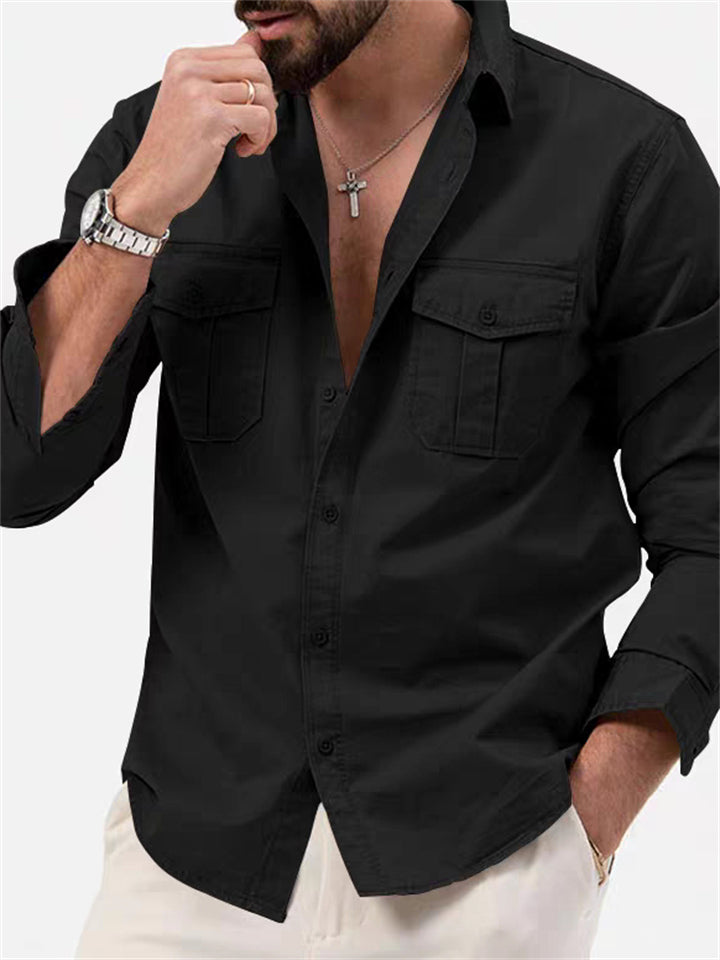 Men's Long Sleeve Casual Pockets Distressed Cargo Shirt