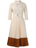 Women's Mid Sleeve Office Lady Style Blazer Collar Pleated Midi Dress With Belt