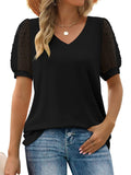 Women's Elegant Mesh Puff Sleeve V-Neck Slim Fit Shirt