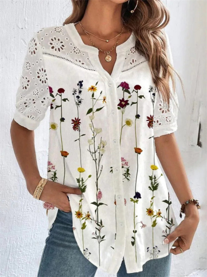 Ladies Popular Silky Flower Print Short Sleeves Blouse