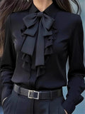 Ladies' Elegant Solid Color Lace-up Bow Ruffled Long Sleeve Blouses