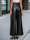 Women's High Waist Belted Wide Leg Faux Leather Pants