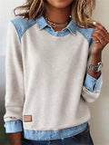 ‌Casual Denim Collar Loose Fit Pullover Knitted Top for Women
