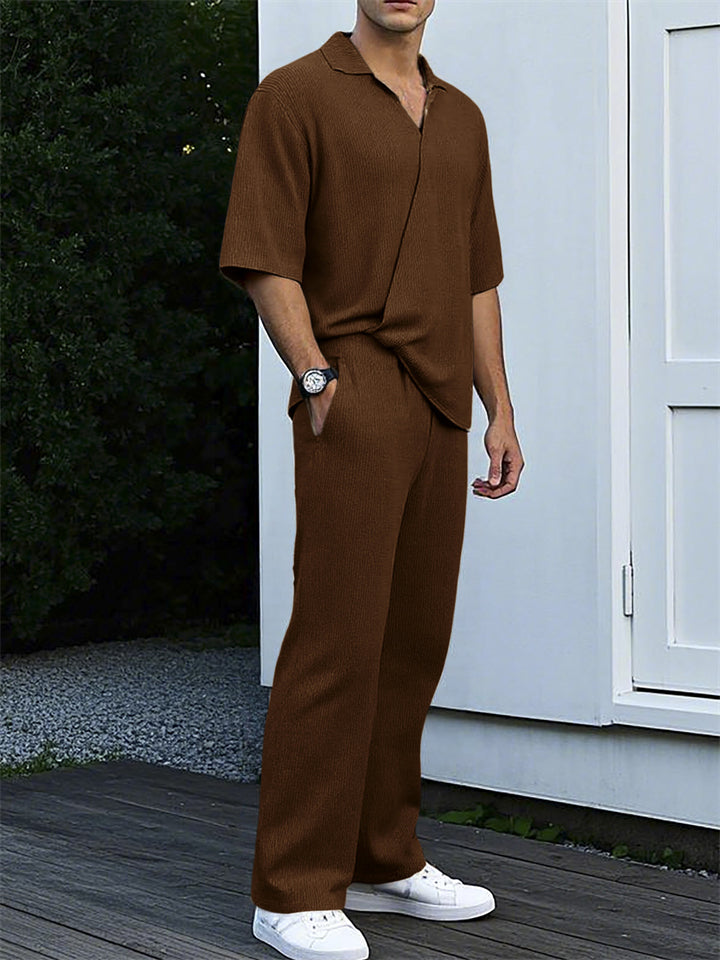 Men's 2 Pcs Summer Solid Color Lapel Top & Pants Set