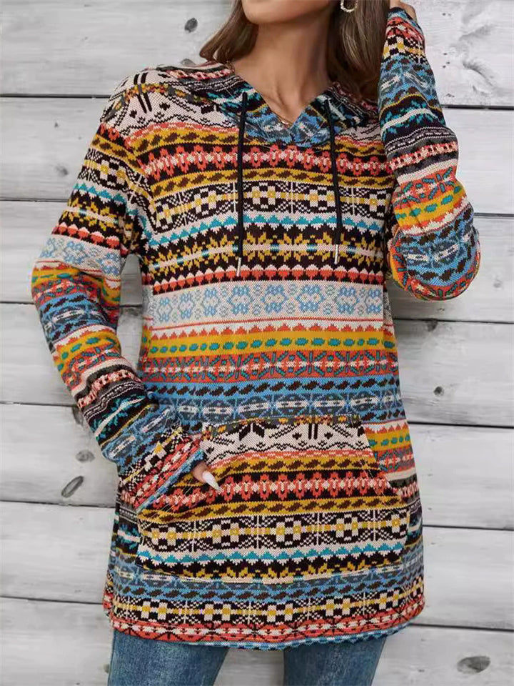 Women's Vintage Bohemian Pattern Hoodie with Kangaroo Pocket