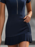 Women's Navy Blue Zip-Front Polo Dress With Pleated Hem