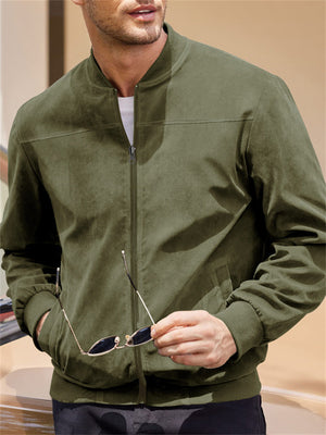 Men's Fashion Stand Up Collar Zip Up Suede Jacket