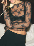 Women's Sheer Lace Mesh Long Sleeve Sabrina Neck Shirts