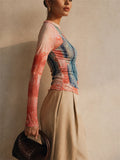 Women Vintage Graphic Sheer Long Sleeve Slim Fit Mesh Top