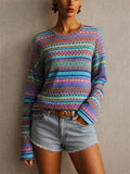 Womens Boho Rainbow Striped Geometric Crewneck Knit Top