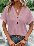 Women's Casual Solid Color Jacquard Button V-neck Pullover T-shirts