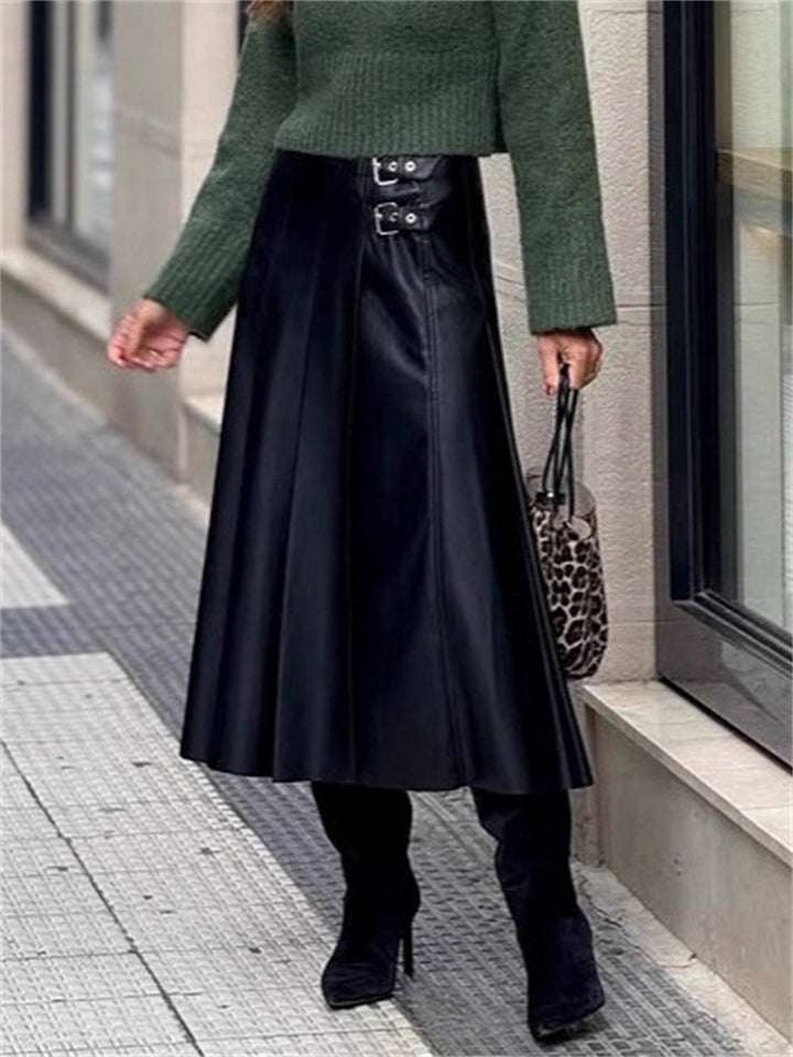 Women's Black Faux Leather Pleated A-Line Midi Skirts