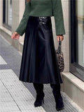 Women's Black Faux Leather Pleated A-Line Midi Skirts
