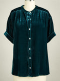 ‌Women's Elegant Velvet Button Up Round Neck Short Sleeve Blouse‌