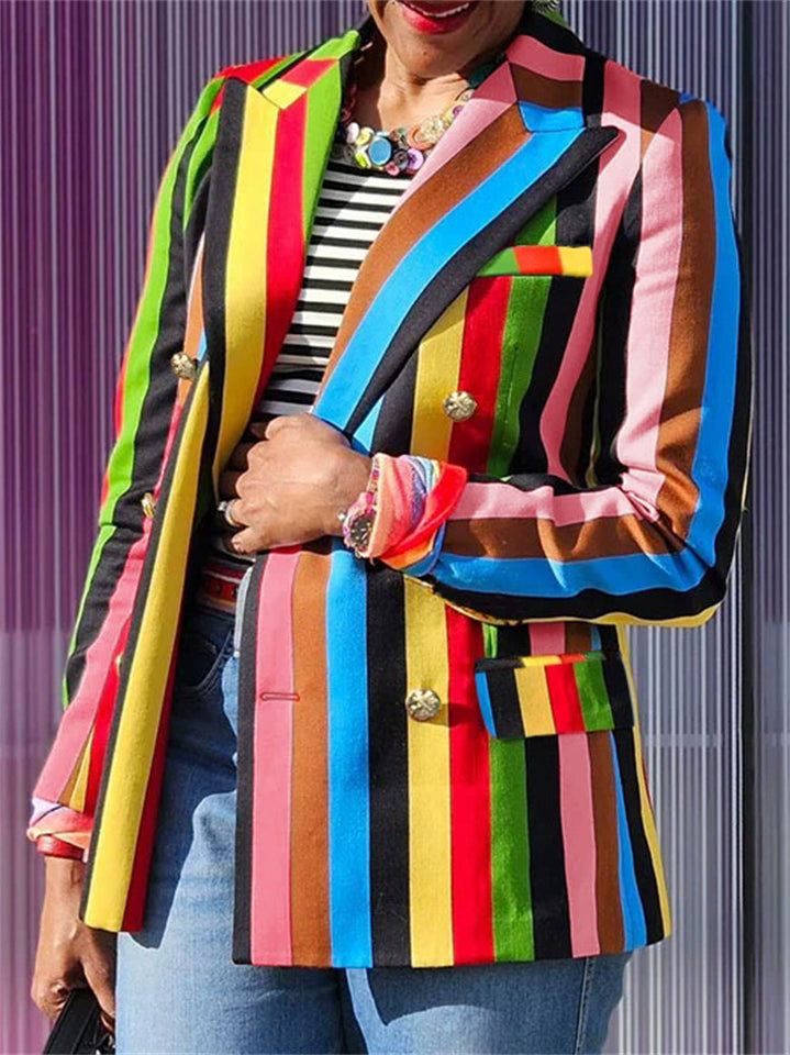 Women's Contrast Colors Striped Double Breast Lapel Suit Coat