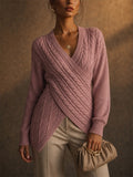 Women Stylish Wrap V Neck Cable Knit Pullover Sweaters
