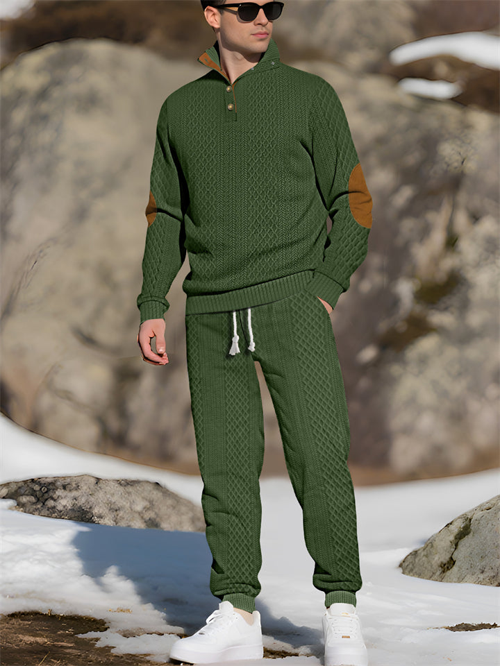 Men's Casual Contrast Color Texture Jacquard Drawstring Sweatshirts & Sweatpants Outfit