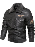 Men's Detachable Collar Faux Leather Biker Jacket Winter Motorcycle Riding Outerwear