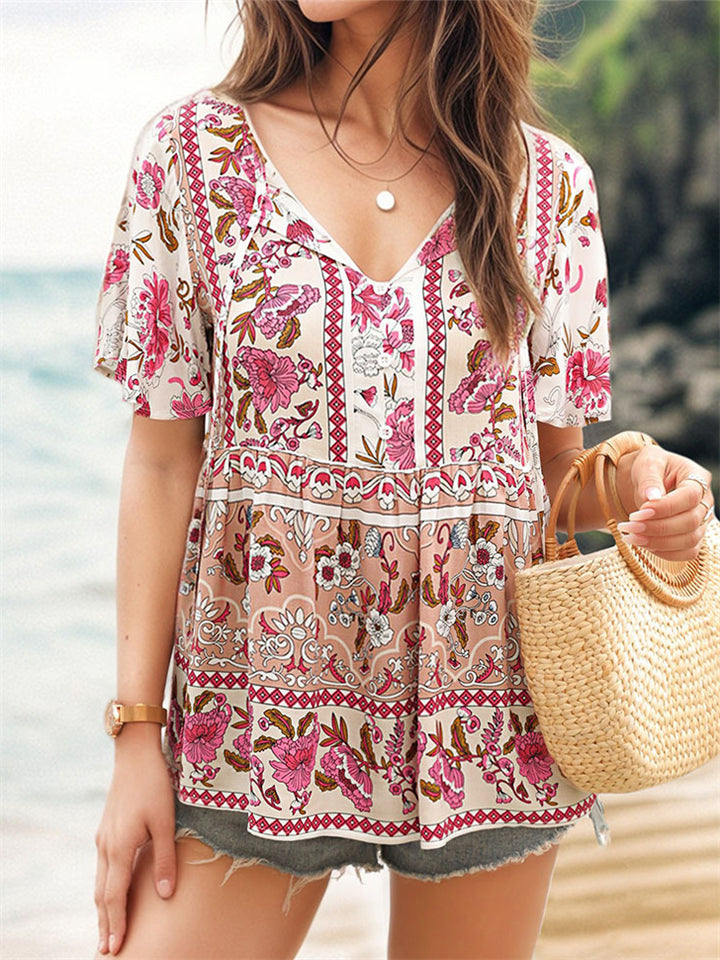 Women's Casual Holiday Style Print V Neck Short Sleeve Shirts