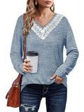 Women's Elegant White Lace V Neck  Solid Color Long Sleeve Shirt